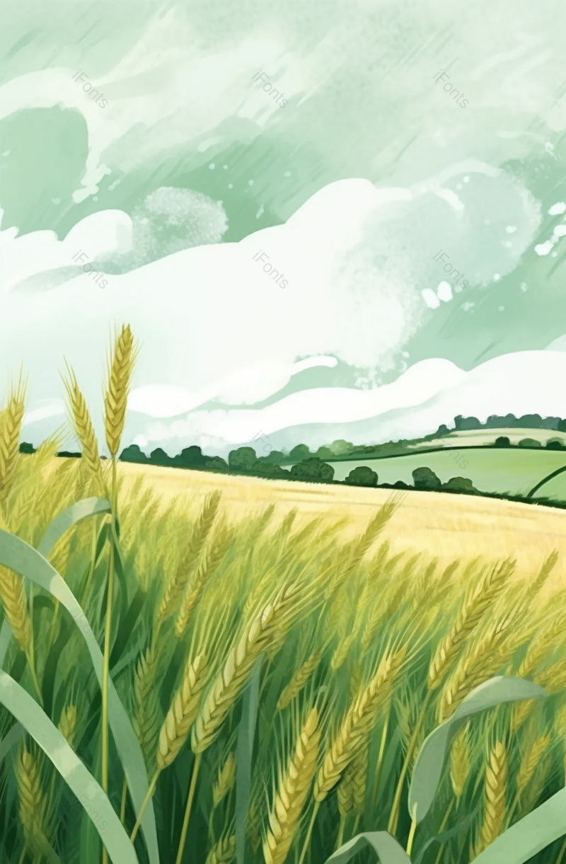 绿色小清新小满节气麦田风景手绘,插画/手绘图,插画/手绘图库,插画/手绘图下载,插画/手绘